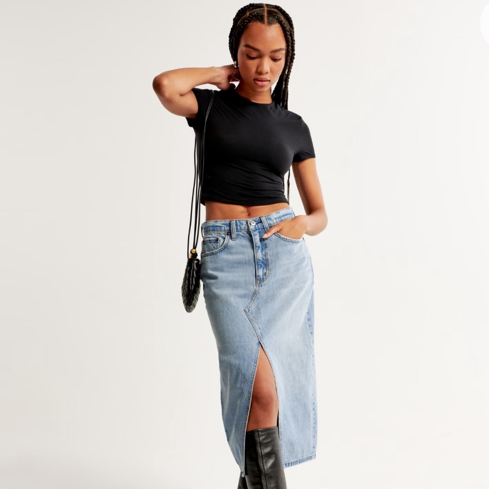 Abercrombie Light Wash Denim Midi Skirt with Front Slit